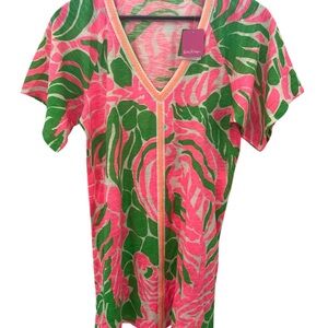 Lilly Pulitzer Bonita Coverup XS Tiki Pink Sneaky Tiki Tropical V-Neck Swim